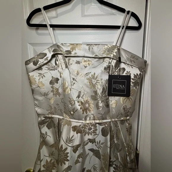 NWT IEENA FOR MAC DUGGAL SZ 10 WHITE/GOLD STRAPLESS BROCADE FLORAL DRESS #49619 - Picture 3 of 9